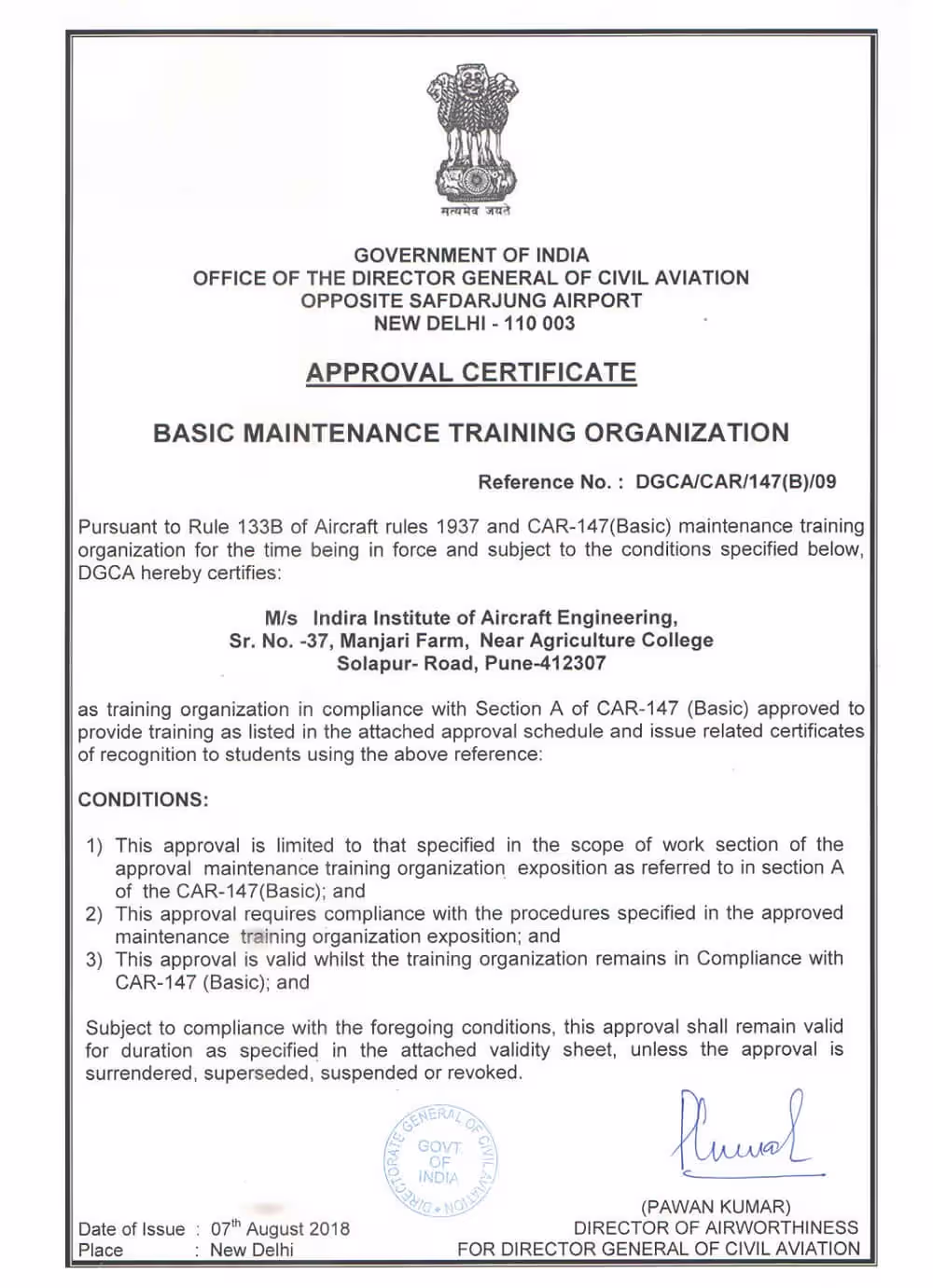 DGCA CAR 147 Approval Certificate